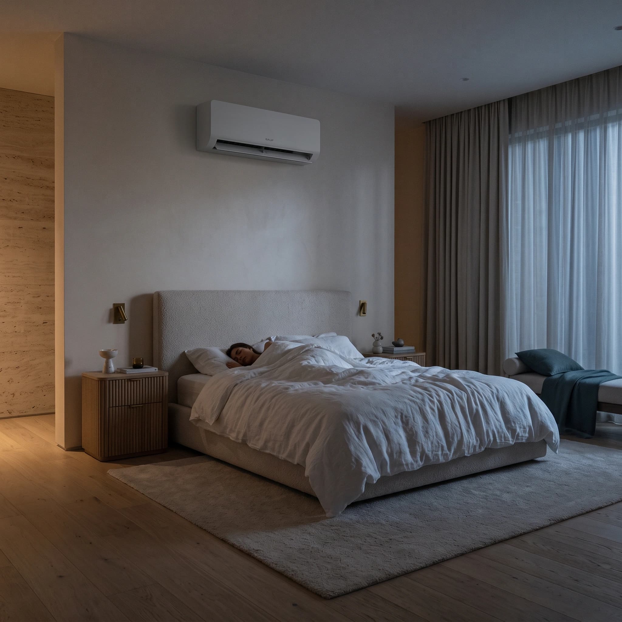 Quarto calmo à noite com a unidade interior Air X por cima da cama