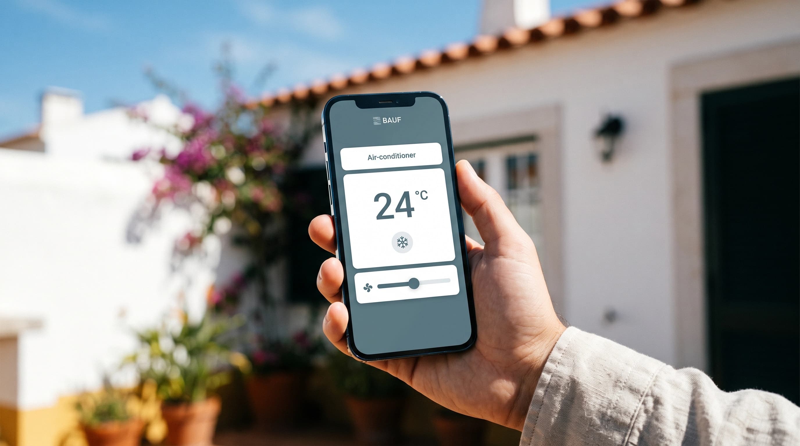 Mão a segurar um smartphone com a app do ar condicionado num terraço ao sol