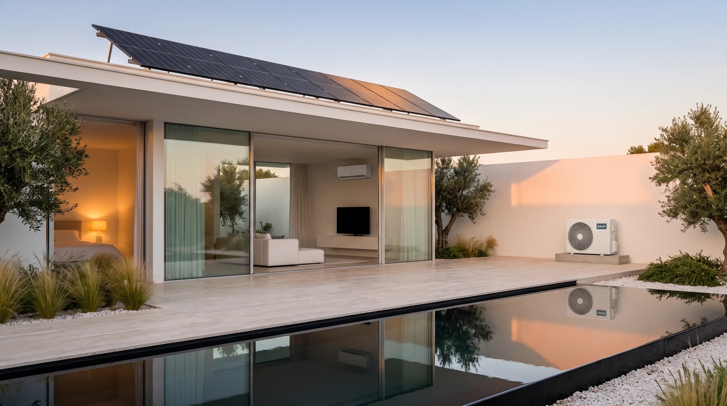Moradia térrea moderna ao pôr do sol, com painéis solares no telhado, a unidade interior do Air X visível através do vidro e a unidade exterior junto à piscina
