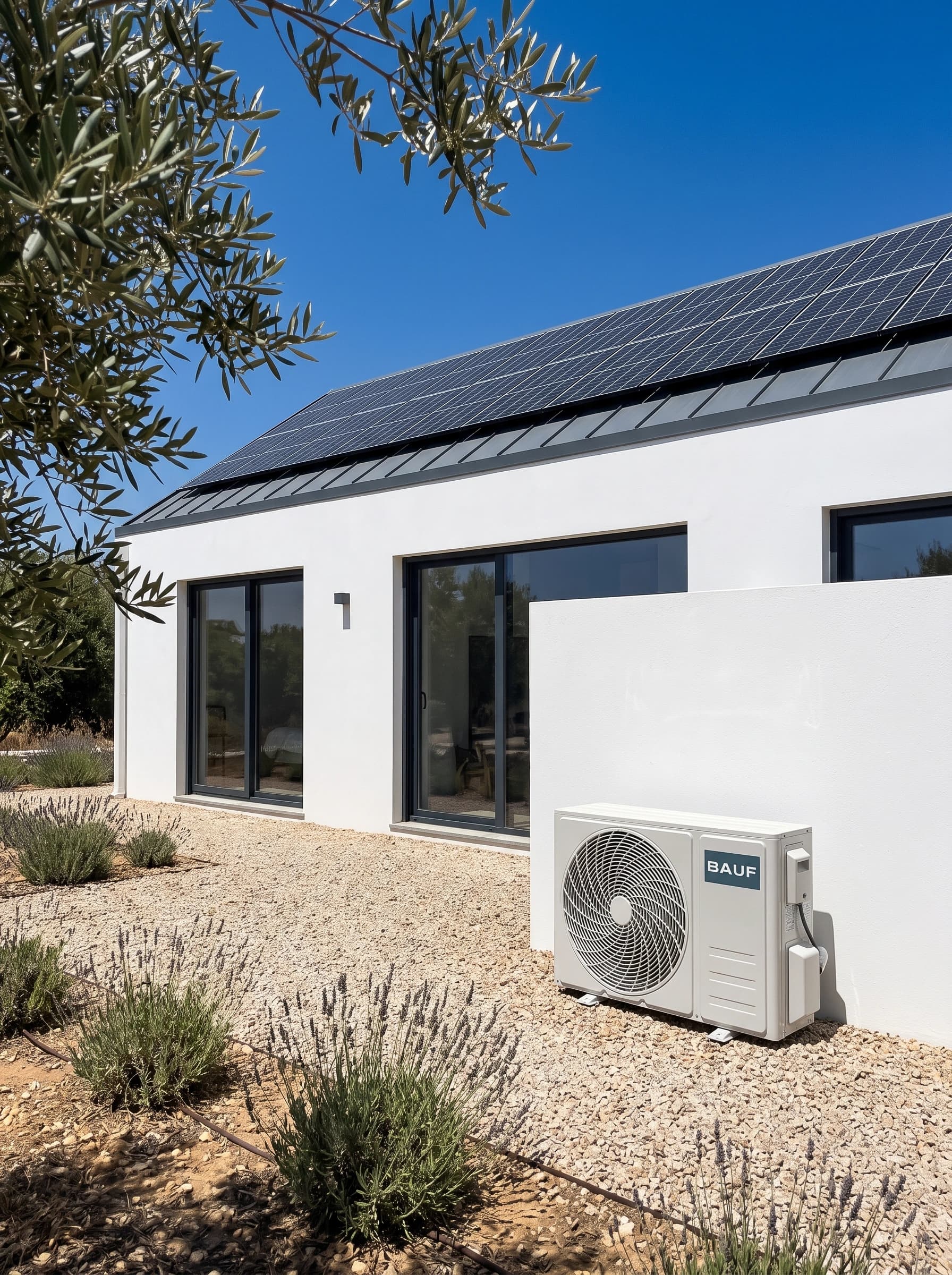 Casa sob o sol forte do meio-dia, com os painéis solares em plena luz