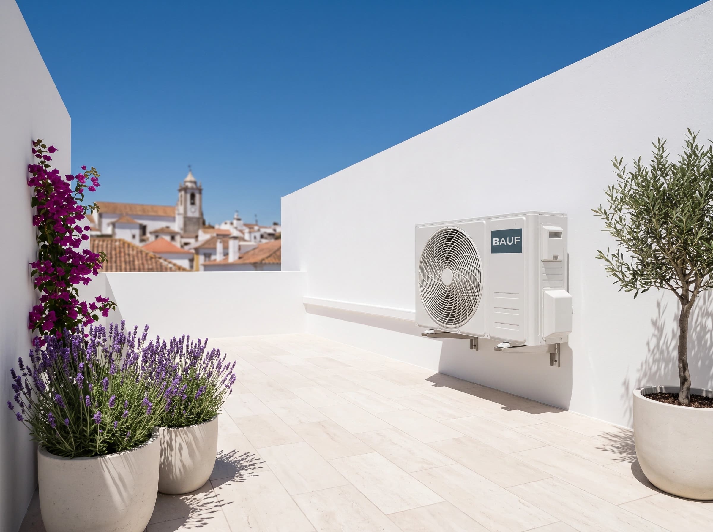 Unidade exterior do Air X num terraço ao sol, em plena onda de calor