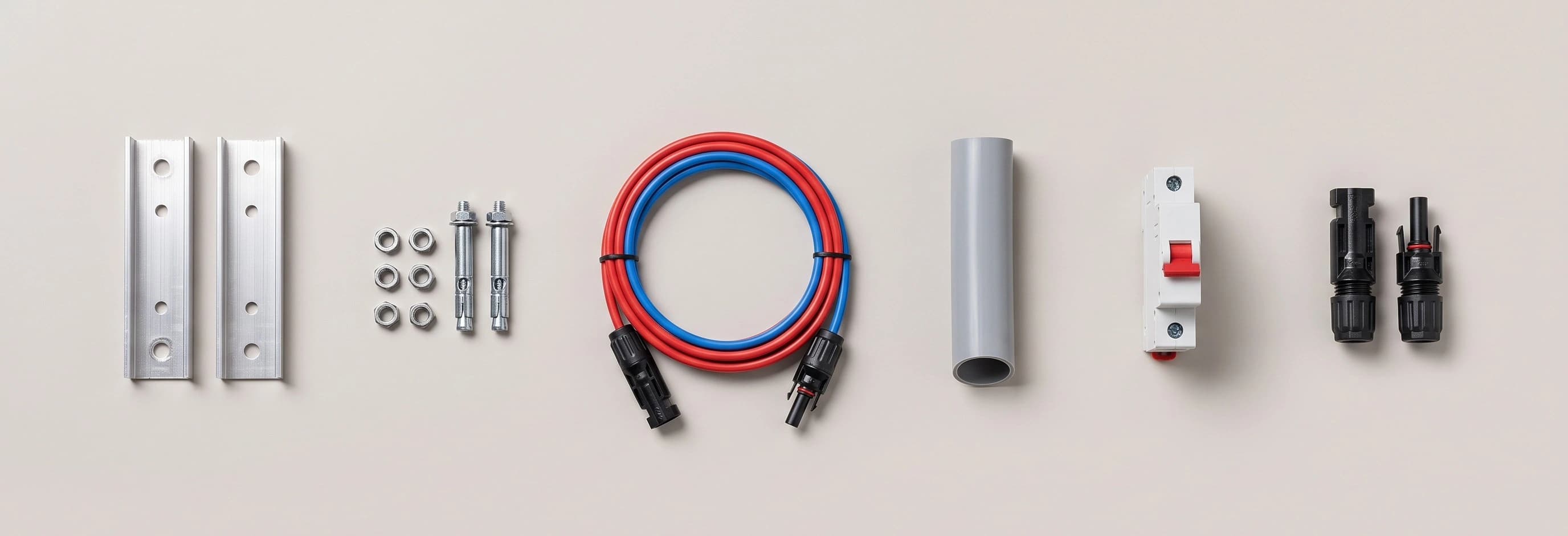 Os seis componentes do kit dispostos lado a lado: suportes para painéis solares, porcas e buchas metálicas, cabos de ligação CC, tubo de proteção em PVC, disjuntor CC e conectores MC4