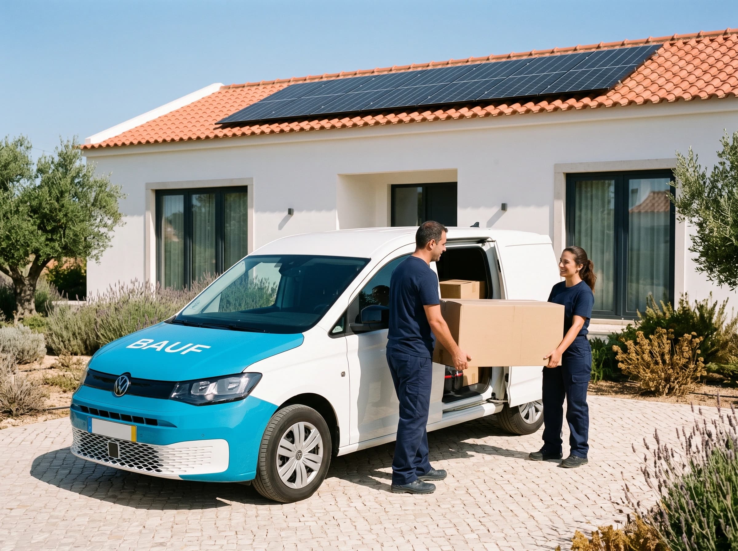 Equipa de instaladores a descarregar caixas do Air X de uma carrinha, em frente a uma casa portuguesa com painéis solares