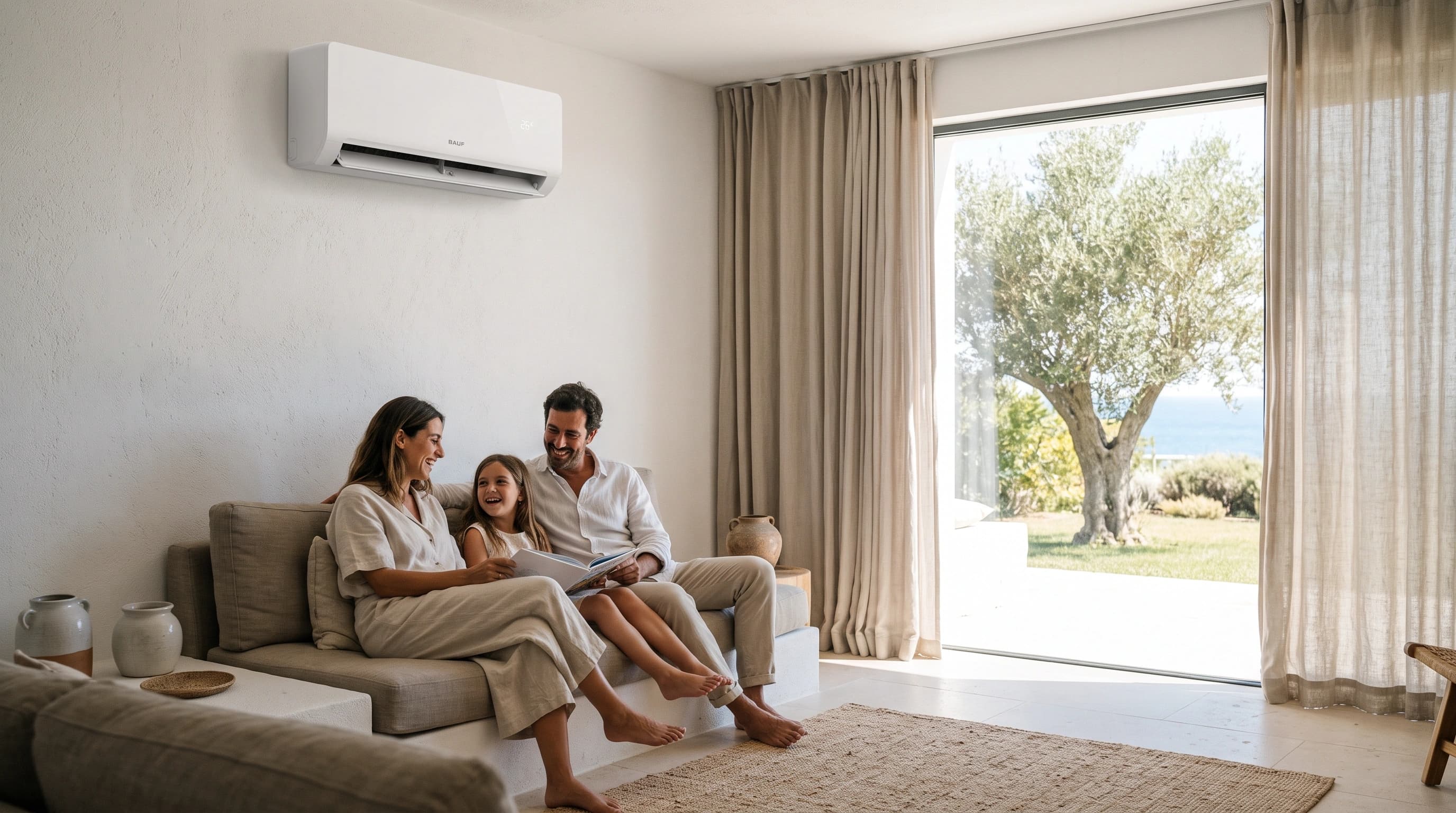 Família a descansar numa sala fresca e cheia de luz, num dia quente de verão