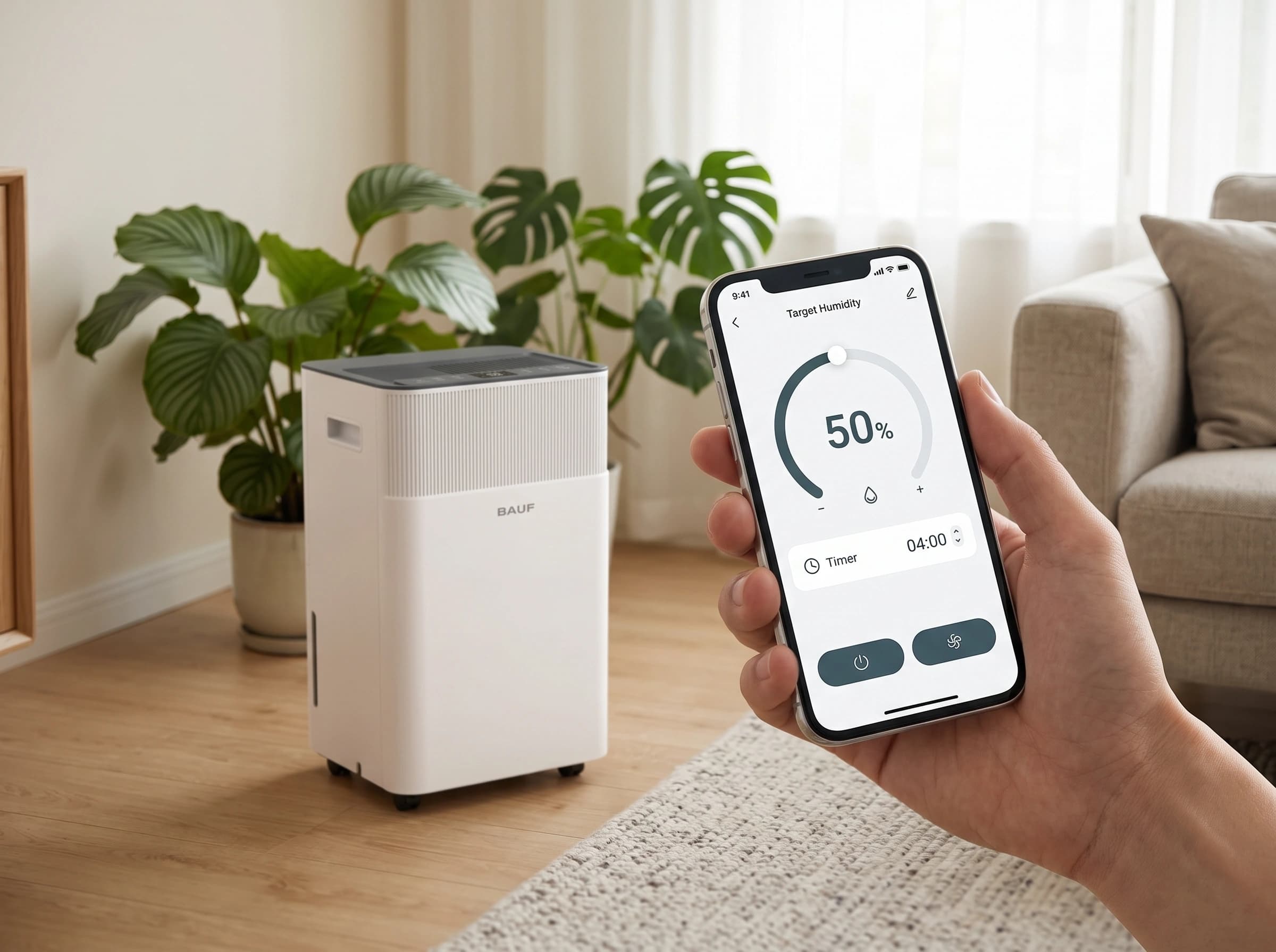 Smartphone com a app do desumidificador e a Série Q BAUF numa sala luminosa