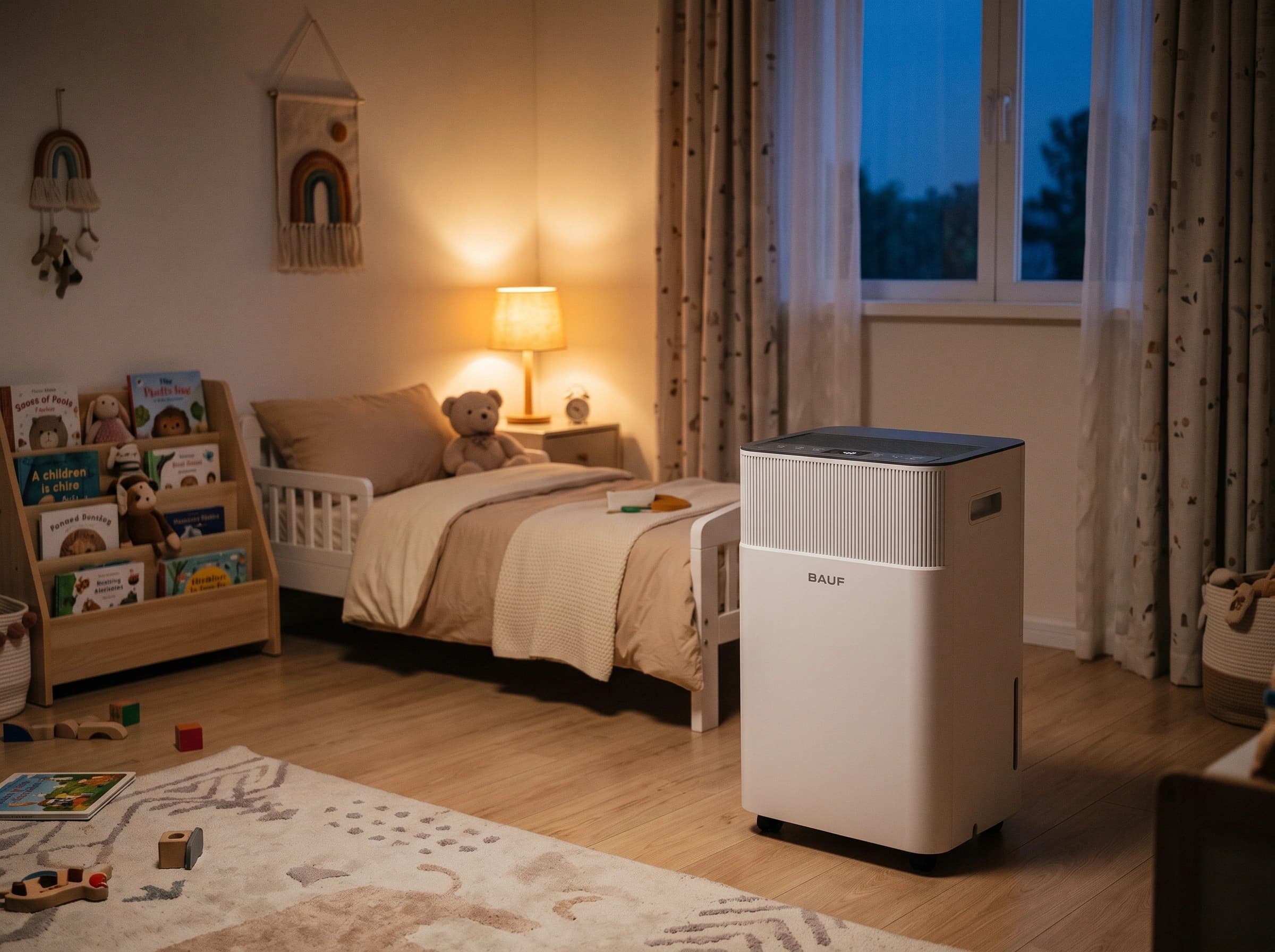 Quarto de criança ao fim do dia com o desumidificador Série Q no canto