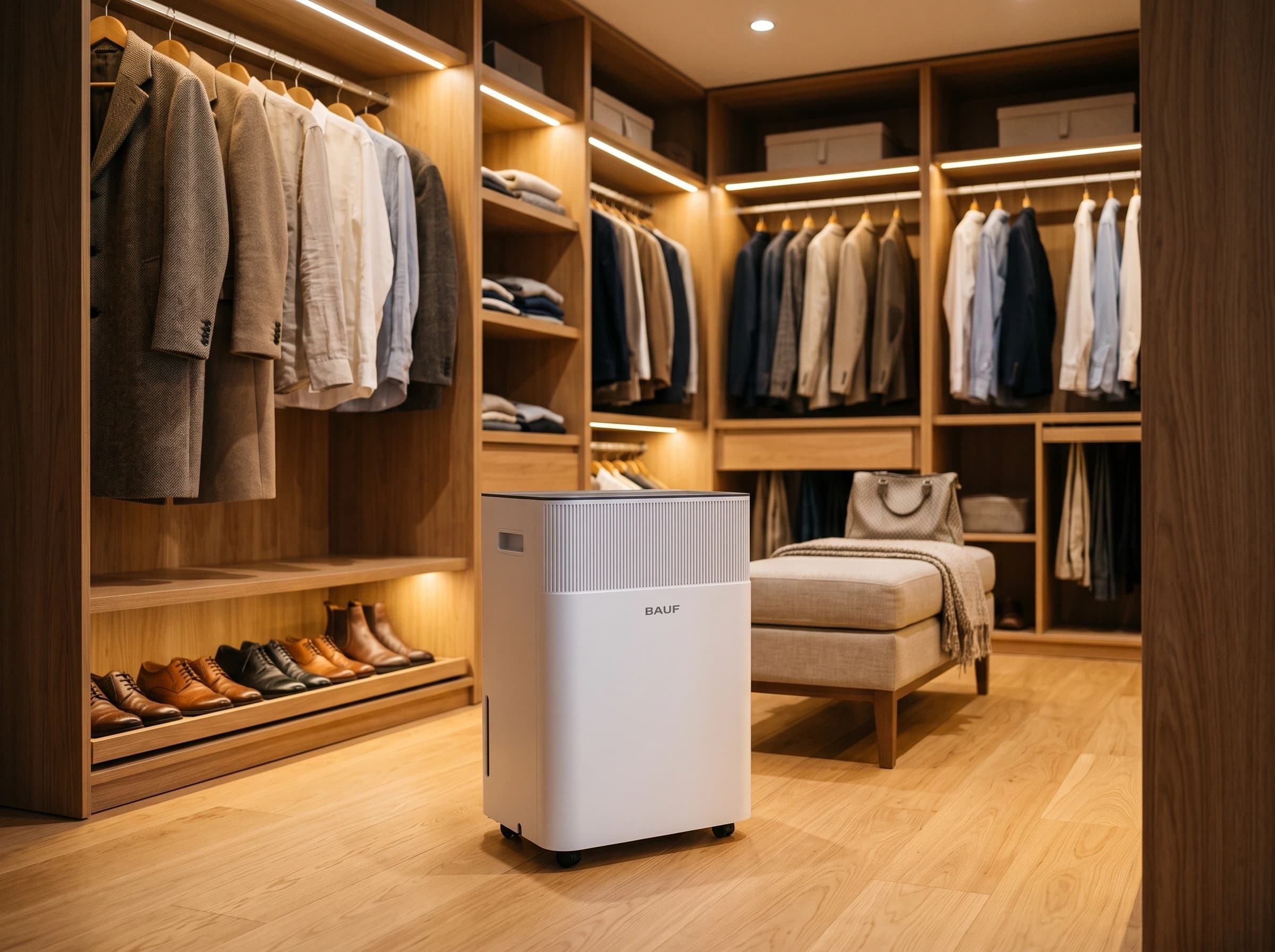 Closet com roupa, calçado de pele e o desumidificador Série Q