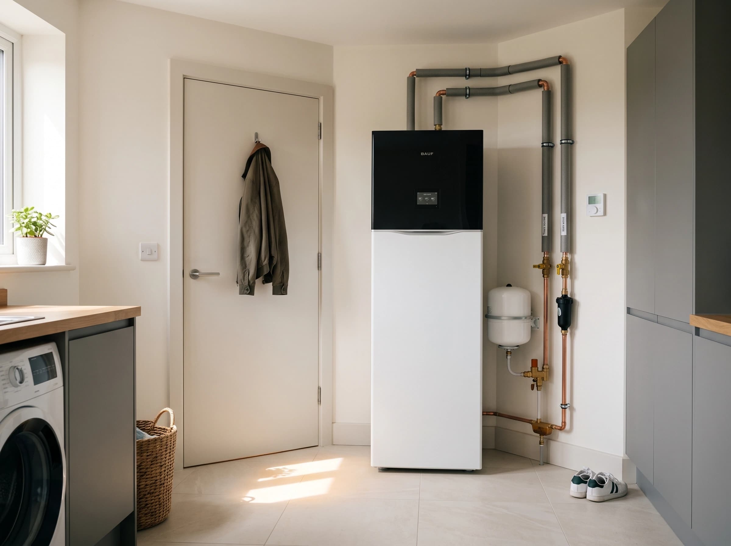 Torre interior All-in-One instalada numa lavandaria, junto a uma porta