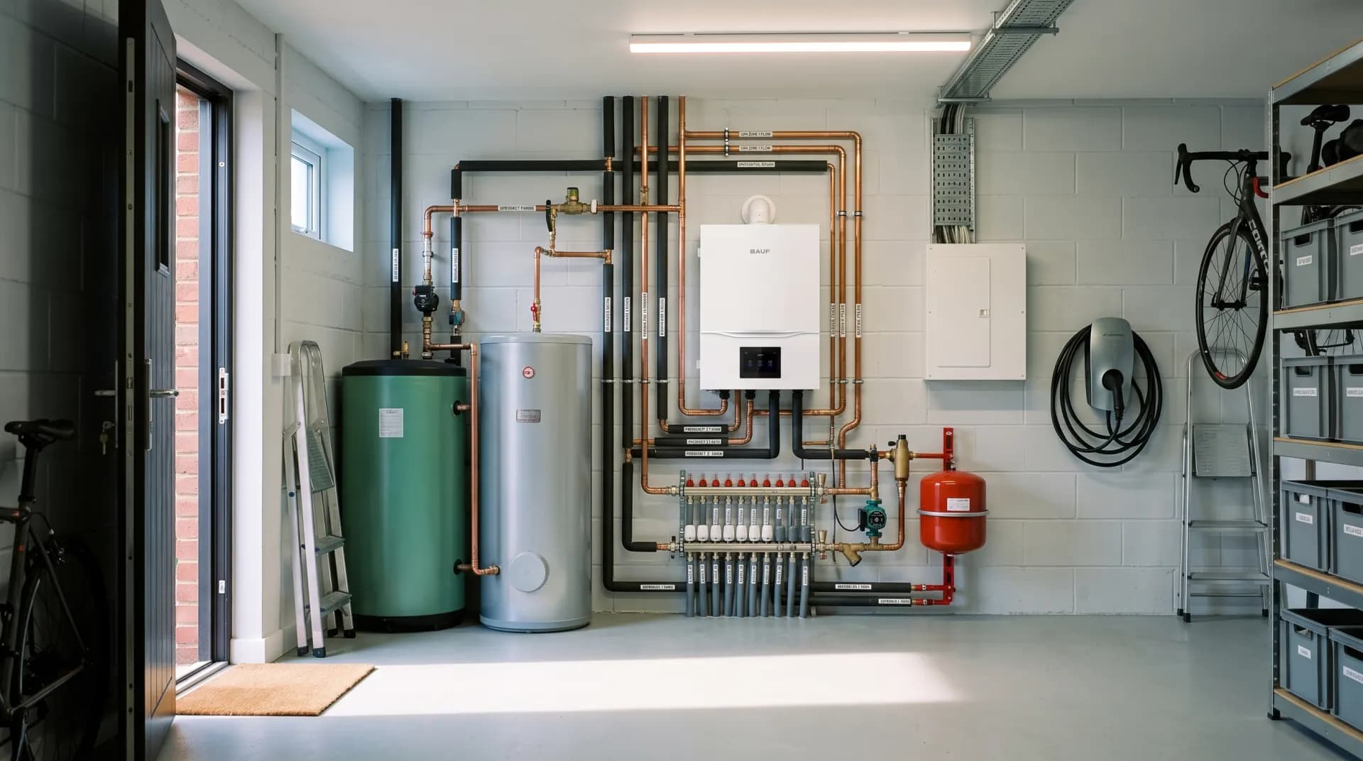 Casa das máquinas com bomba de calor, depósito de inércia, depósito de AQS, coletor, grupo de segurança e ligações elétricas